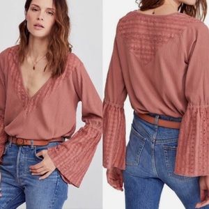 Free People XS Mauve Pink Eyelet Lace Bell Sleeve Shirt